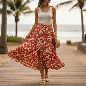 Paris Atelier & Other Stories Vibrant Red Floral Button-Front Midi Skirt Size 2